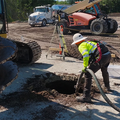 A construction worker in safety gear operates a hose near a large hole in the ground at a construction site, with heavy machinery, vehicles, and equipment in the background.