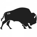 A black silhouette of a bison facing right, with the number 116 in white on its upper left side. The background is plain and light-colored.